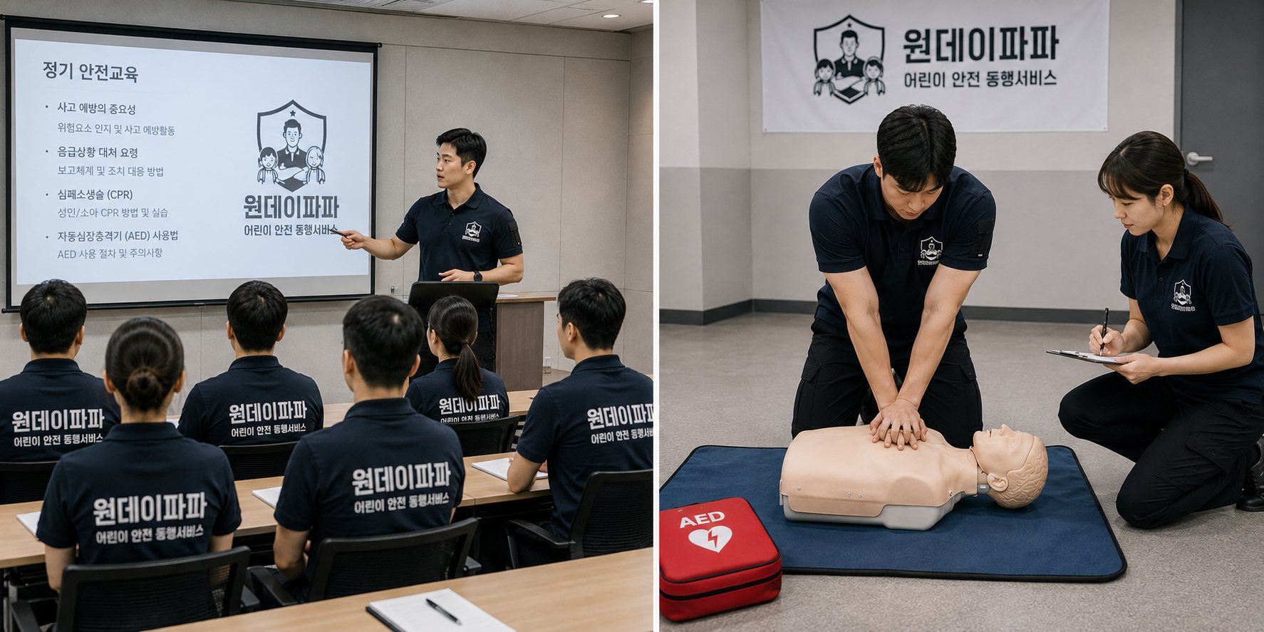 정기 안전교육과 심폐소생술 실습을 받는 동행 파파